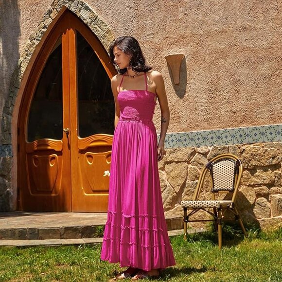 Pink Halter Maxi Dress – Smocked Bodice, Open Back, Flowy Boho Style - Picture 6 of 12